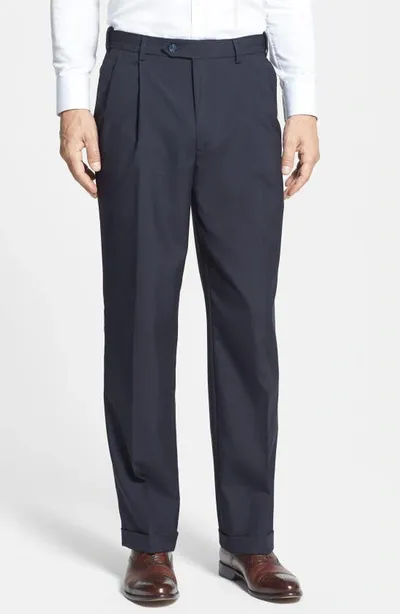 Berle Self Sizer Waist Plain Weave Flat Front Washable Trousers In Navy