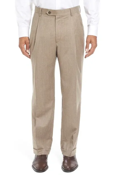 Berle Lightweight Flannel Pleated Classic Fit Dress Trousers In Heather Tan