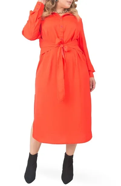 Standards & Practices Tie Waist Long Sleeve Midi Dress In Cherry