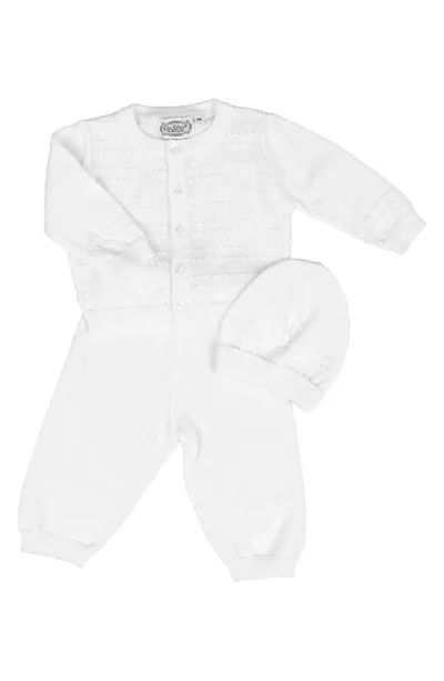 Little Things Mean A Lot Babies'  Cotton Cardigan, Pants & Hat Set In White