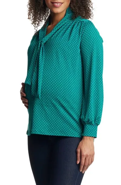 Everly Grey Vanessa Polka Dot Tie Neck Maternity/nursing Top In Emerald Dot