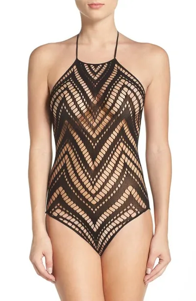 Hauty Desirae Knit Halter Lingerie Teddy With Zig Zag Pattern In Black