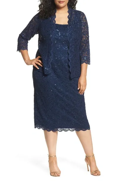 Alex Evenings Lace Cocktail Dress With Jacket In Navy