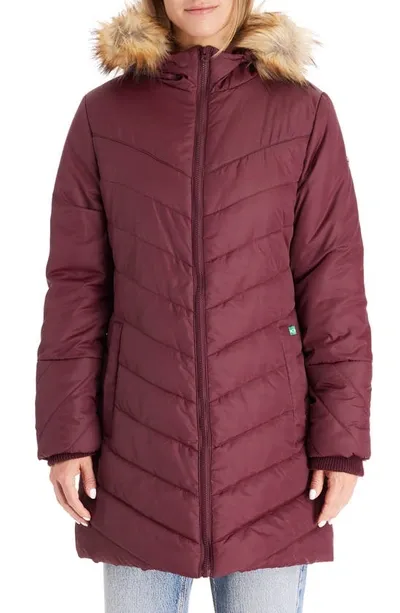 Modern Eternity Faux Fur Trim Convertible Puffer 3-in-1 Maternity Jacket In Burgundy