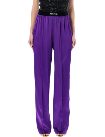 Tom Ford Logo Silk Satin Pajama Pants In Purple