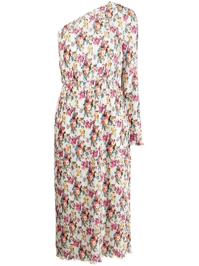 Msgm One-shoulder Plissé Floral-print Satin Midi Dress In Multicolour