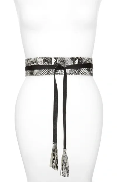 Raina Bronco Snake Embossed Leather Wrap Belt In Black And Gray