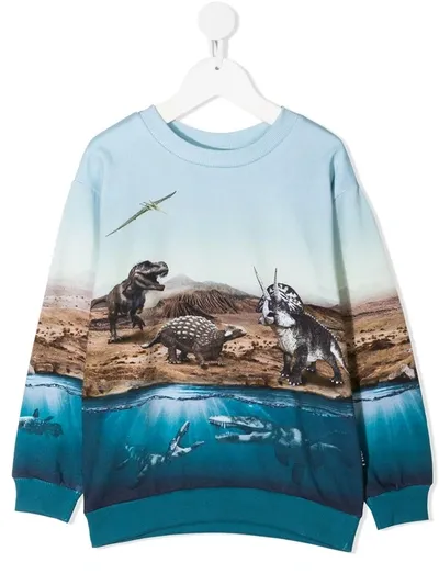 Molo Kids' Dino World-print Organic Cotton Sweatshirt In Blue