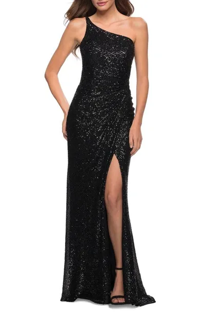 La Femme Sequin One-shoulder Gown In Black