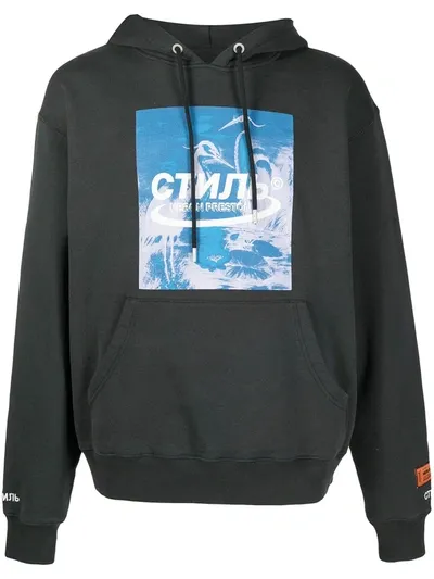 Heron Preston Logo Print Drawstring Hoodie In Black Blue