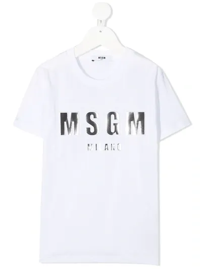 Msgm Kids' Metallic Logo Print T-shirt In Bianco