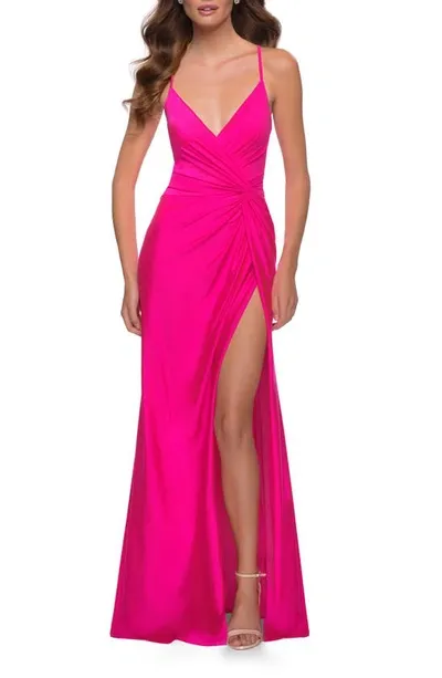 La Femme Strappy Back Jersey Gown In Hot Pink