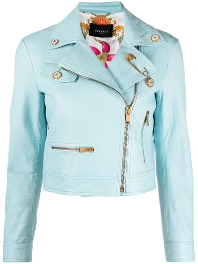 Versace Safety Pin-detail Leather Jacket In Light Blue