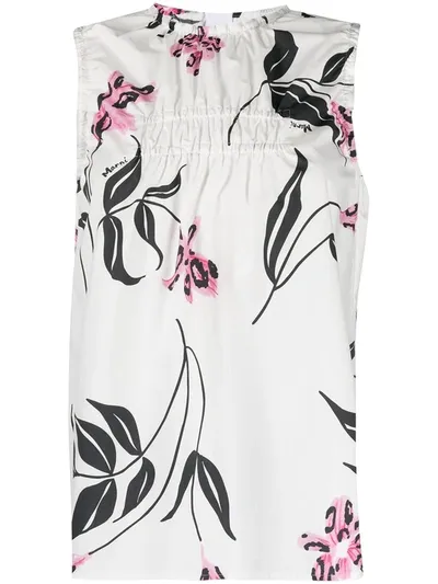 Marni Ruched Floral-print Tank Top In White