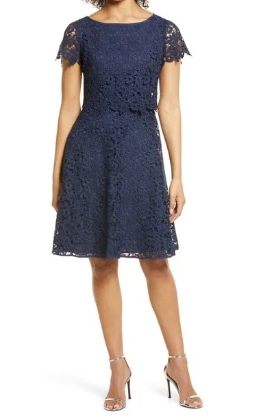 Shani Bateau-neck Short-sleeve Fit-&-flare Popover Lace Dress In Navy