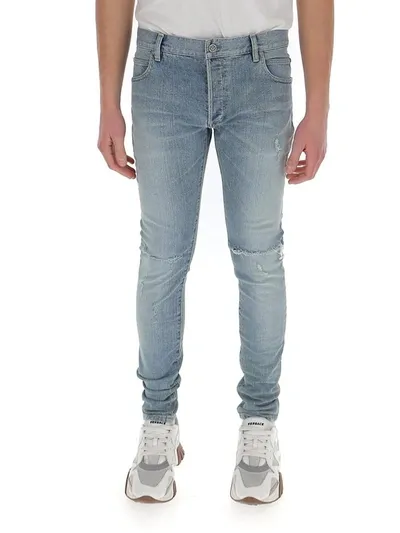 Balmain Skinny Ripped Jeans In Blue