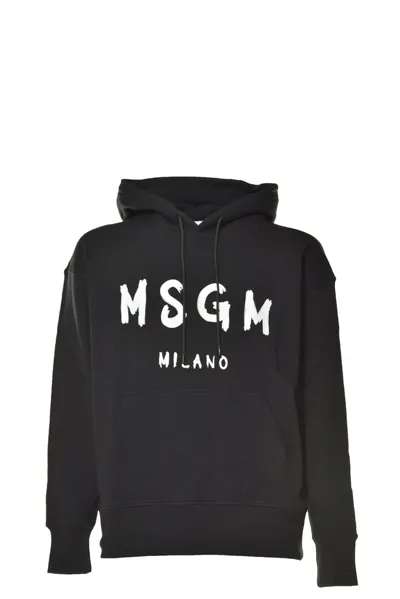 Msgm Logo Print Cotton Hoodie In Black