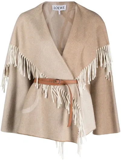 Loewe Belted Fringed Intarsia Wool And Cashmere-blend Jacket In Beige