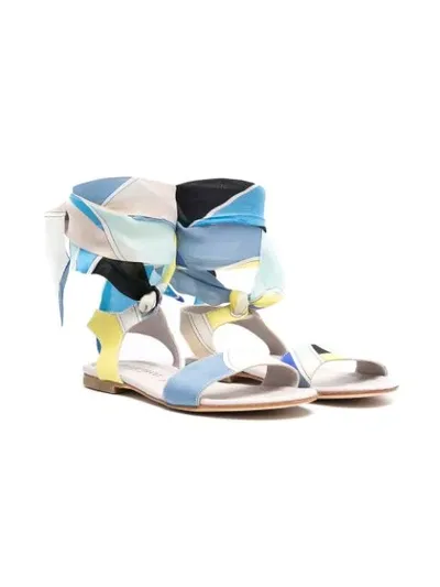 Emilio Pucci Junior Kids' Silk Tie Sandals In 6gl-azzurro/giallo