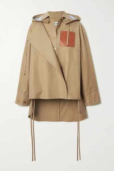 Loewe Hooded Leather-trimmed Cutout Cotton-twill Jacket In Sweet Caramel