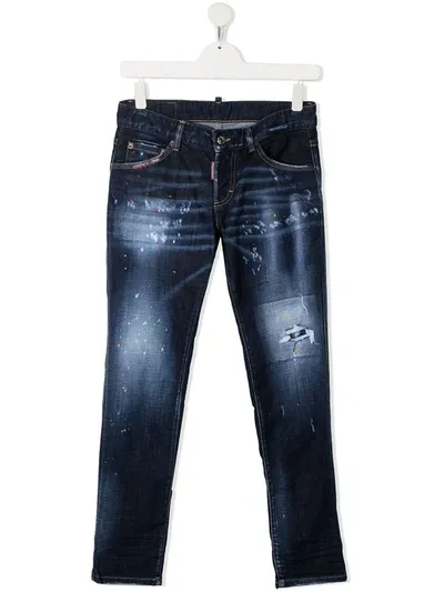 Dsquared2 Teen Distressed-effect Paint-splatter Jeans In Blue