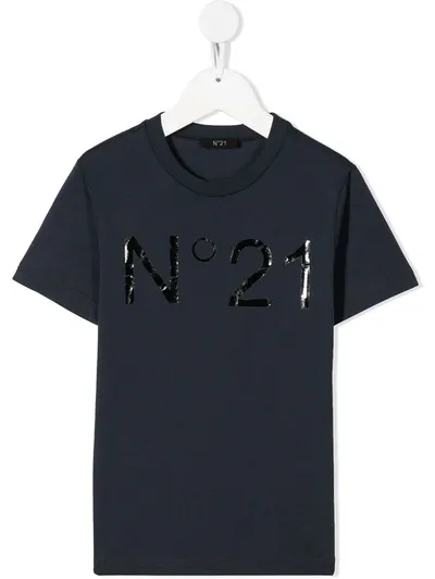 N°21 Teen Sequin-logo Embellished T-shirt In Navy