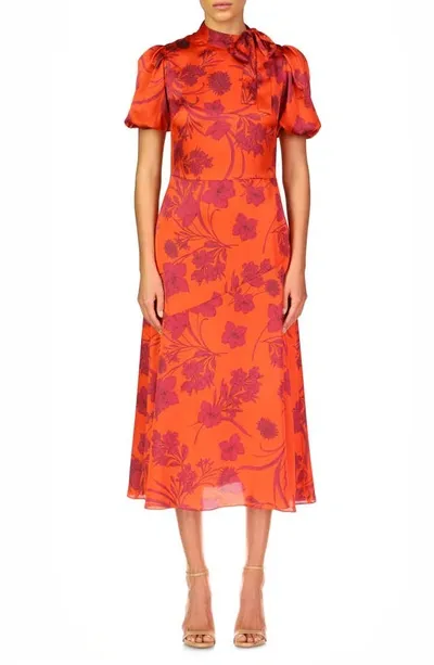 ml Monique Lhuillier Floral Short Sleeve Satin Cocktail Dress In Magenta Botanic