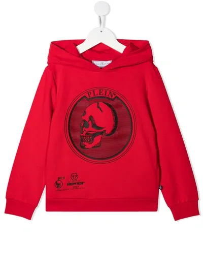 Philipp Plein Kids' Outline Skull-print Rib-trimmed Hoodie In Red