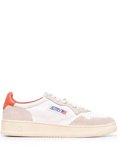 Autry White And Orange Leather Low-top Lace Up Sneakers