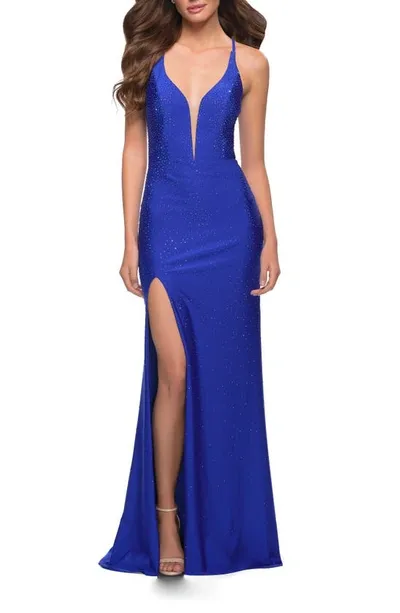 La Femme Rhinestone Plunge Neck Jersey Gown In Royal Blue