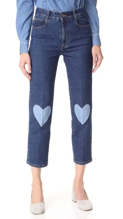 Stella Mccartney Cropped Heart-embroidered Jeans In Blue