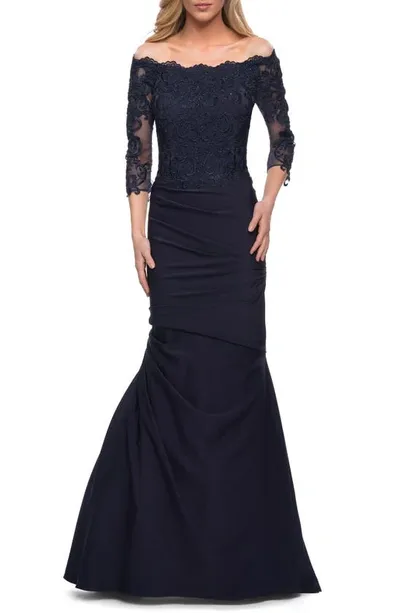 La Femme Gathered Lace Mermaid Gown With Jersey Skirt In Navy