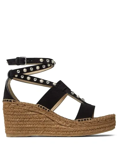 Jimmy Choo Danica Pearly Calfskin Wedge Espadrille Sandals In Black/white Mix