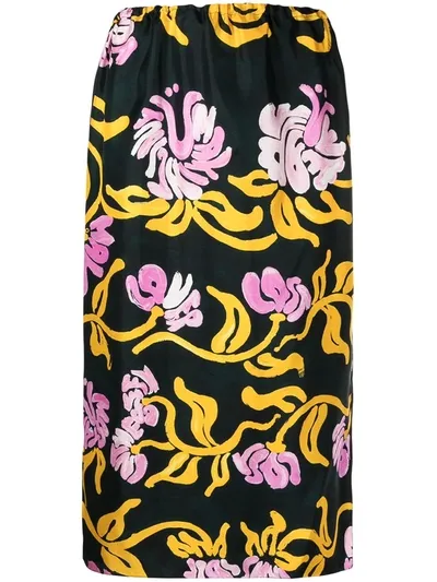 Marni Tropical-print Silk-twill Midi Skirt In Black