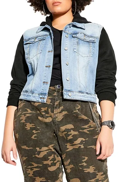 City Chic Street Crop Hoodie Denim Trucker Jacket In Light Wash