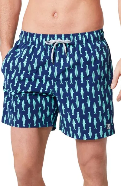 Tom & Teddy Sardine Print Swim Trunks In Ink Blue  Green