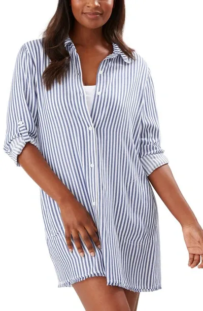 Tommy Bahama Chambray Stripe Long Sleeve Cover-up Boyfriend Shirt