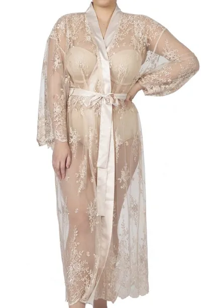 Rya Collection Plus Size Darling Long Embroidered Lace Robe In Champagne