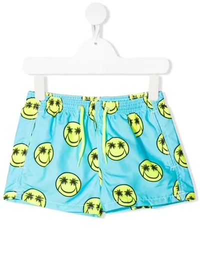 Mc2 Saint Barth Teen Palm Smile-print Swim Shorts In Blue