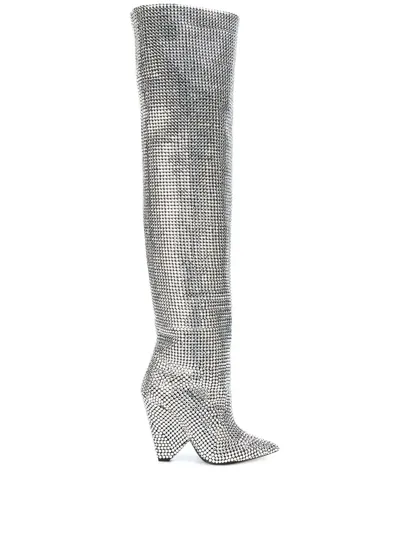 Saint Laurent Niki Swarovski Crystal-embellished Leather Knee Boots In Grey