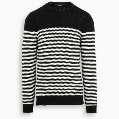 Drumohr Striped Milano Stitch Sweater In Blue And White In Dark Blue