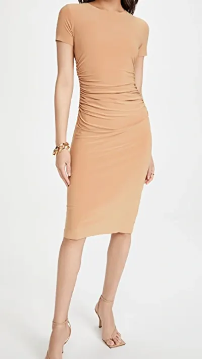 Norma Kamali Kamali Kulture Crew Neck Shirred Dress In Taupe