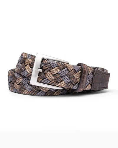 W. Kleinberg Men's Woven Linen Belt W/ Croc Tabs In Tan, Grey, Brown