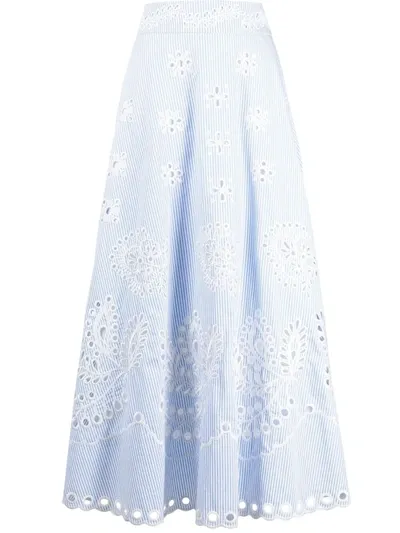 Red Valentino Sangallo-embroidered Striped Cotton-poplin Skirt In Light Blue