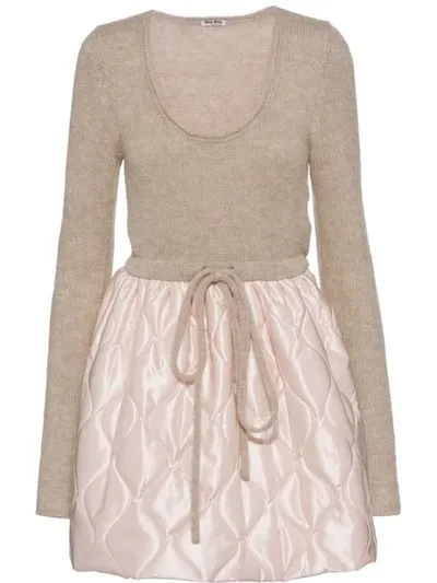 Miu Miu Scoop-neck Mohair-blend Dress W/ Quilted Nylon Skirt In Neutral