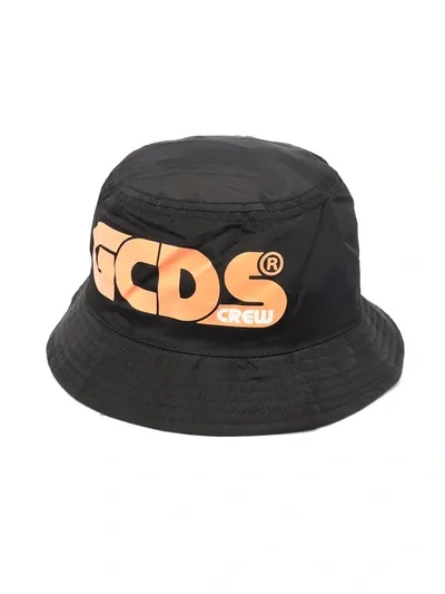 Gcds Kids' Logo-print Cotton Bucket Hat In Black