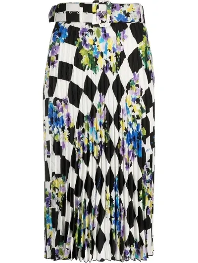 Off-white Check Printed Crepe Pleated Midi Skirt In Разноцветный