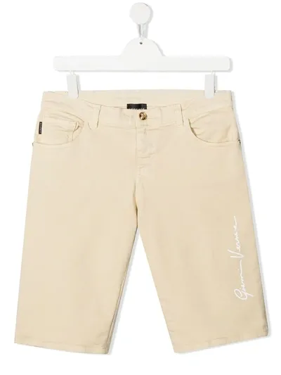 Versace Teen Logo-print Shorts In Neutrals