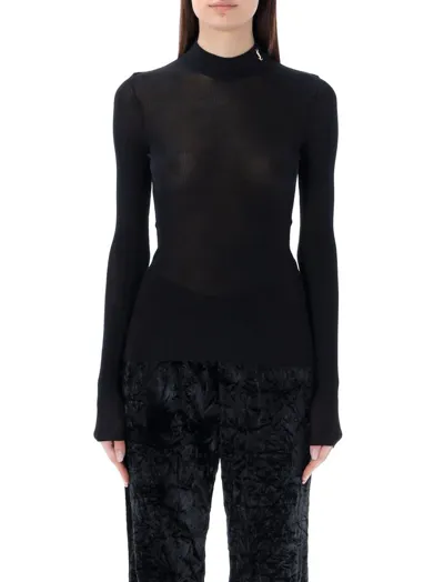 Saint Laurent Ribbed Silk Sweater W/ Ysl Monogram In Noir