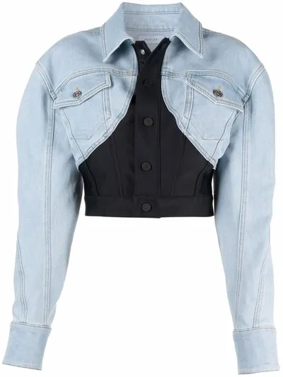 Mugler Cropped Paneled Neoprene-trimmed Stretch-denim Jacket In Blue